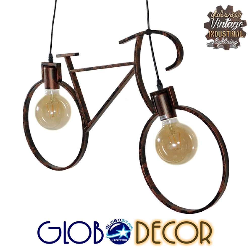 GloboStar® BIKE 00868 Vintage Κρεμαστό Φωτιστικό Φιγούρα Δίφωτο 2 x E27 IP20 Χάλκινο Μέταλλο - Μ67 x Π3.5 x Υ41cm