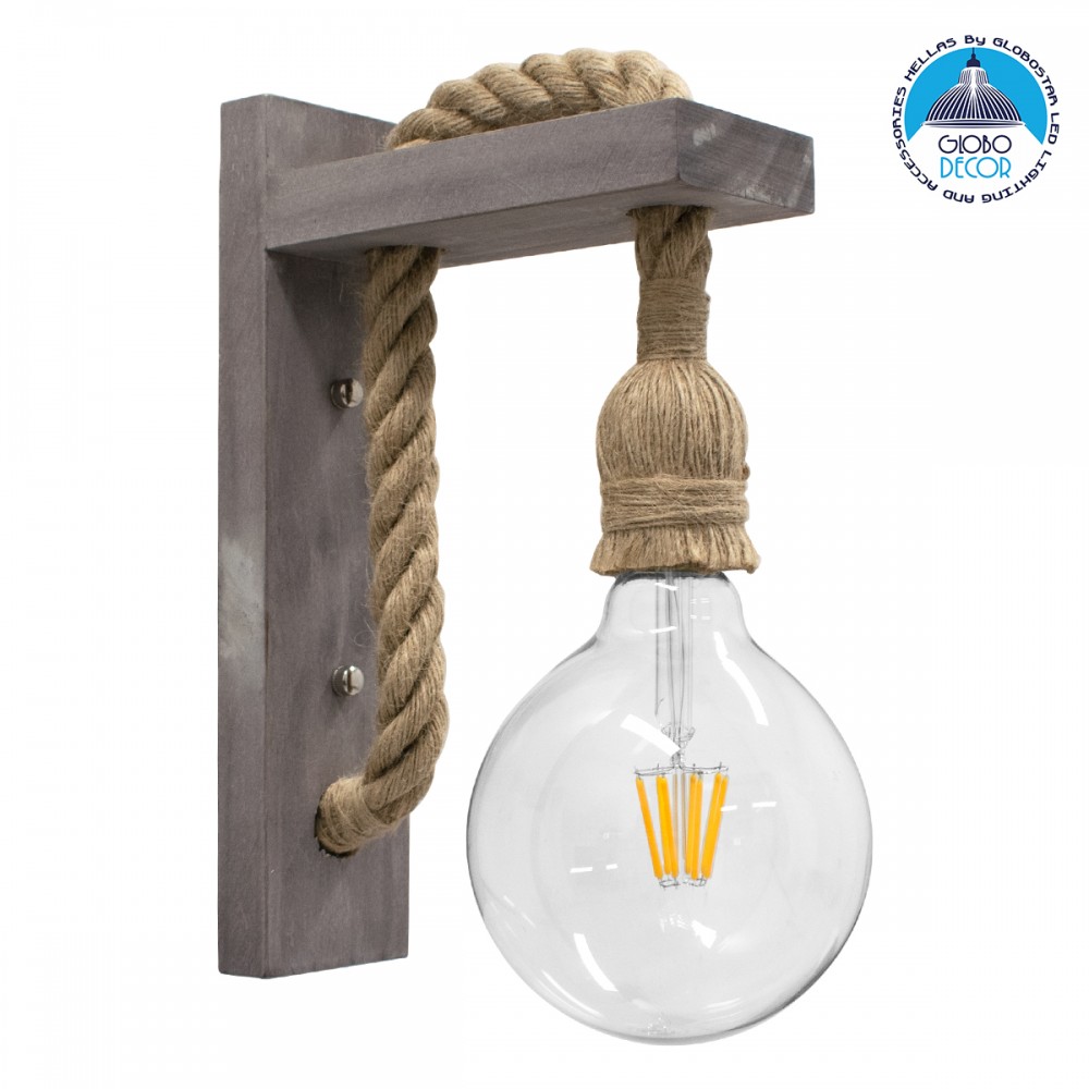 GloboStar® KENSI 00879 Vintage Επιτοίχιο Φωτιστικό Απλίκα Μονόφωτο 1 x E27 IP20 Γκρι Ξύλο με Μπεζ Σχοινί - Μ7 x Π20 x Υ30cm