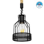 GloboStar® MASON 00881 Vintage Industrial Κρεμαστό Φωτιστικό Οροφής Μονόφωτο 1 x E27 Μαύρο με Μπεζ Σχοινί Φ15 x Y24cm