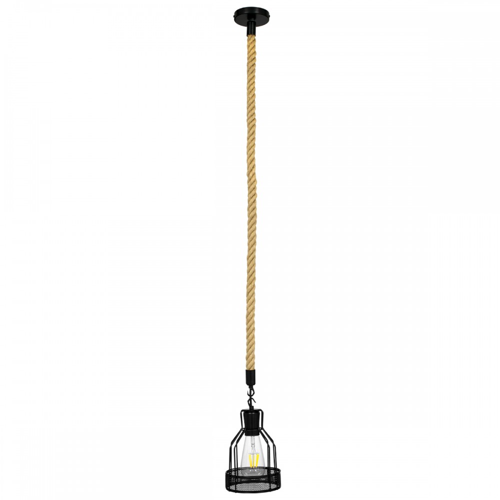 GloboStar® MASON 00881 Vintage Industrial Κρεμαστό Φωτιστικό Οροφής Μονόφωτο 1 x E27 Μαύρο με Μπεζ Σχοινί Φ15 x Y24cm