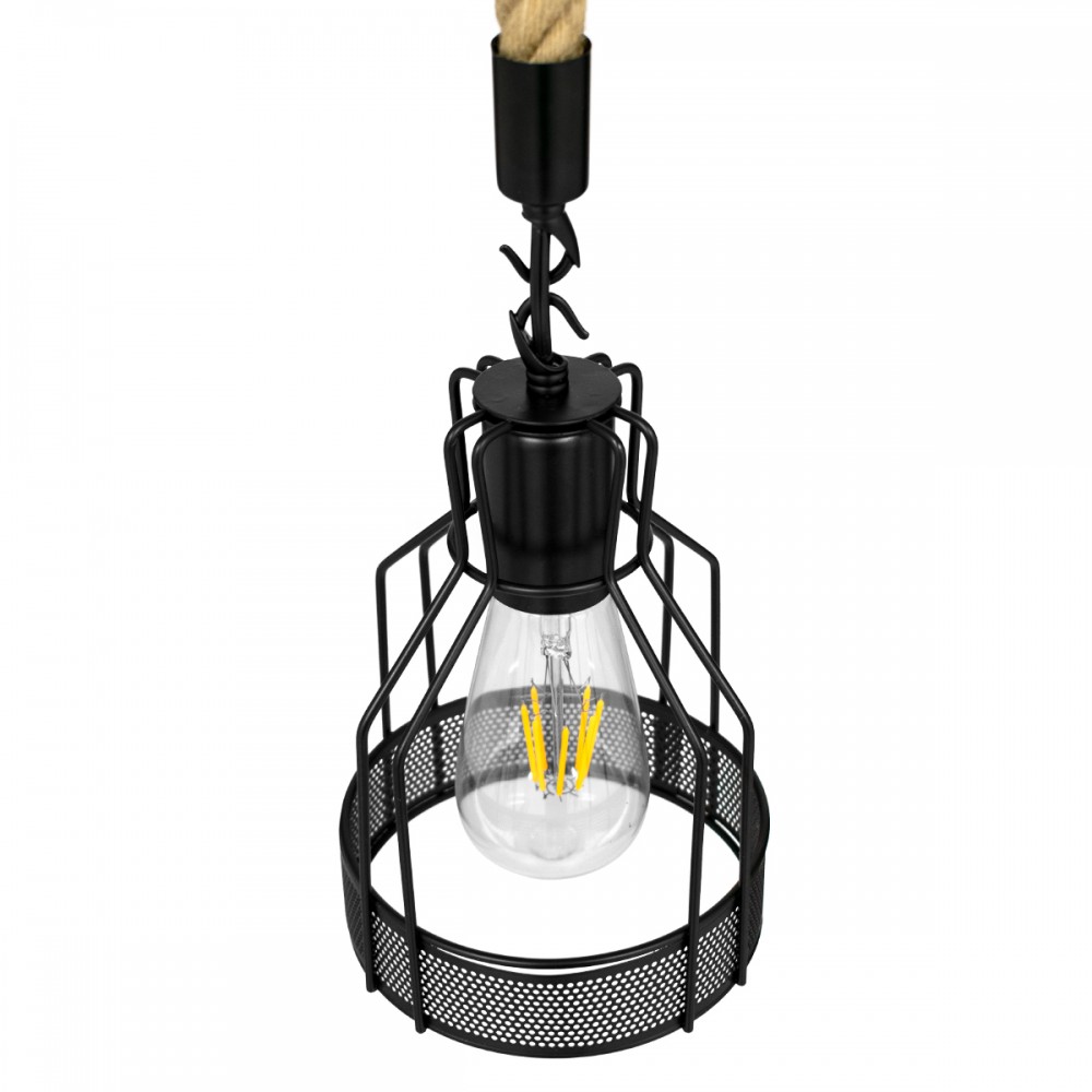 GloboStar® MASON 00881 Vintage Industrial Κρεμαστό Φωτιστικό Οροφής Μονόφωτο 1 x E27 Μαύρο με Μπεζ Σχοινί Φ15 x Y24cm