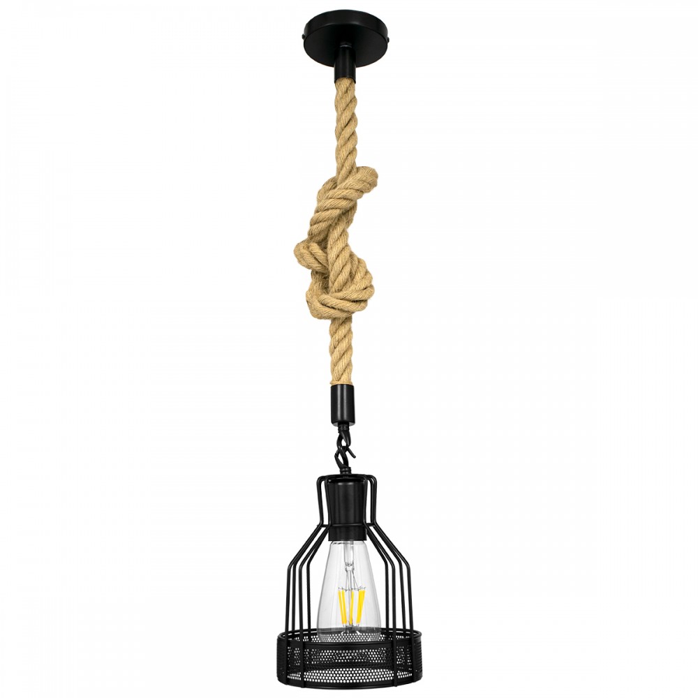 GloboStar® MASON 00881 Vintage Industrial Κρεμαστό Φωτιστικό Οροφής Μονόφωτο 1 x E27 Μαύρο με Μπεζ Σχοινί Φ15 x Y24cm