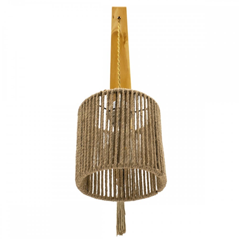 GloboStar® CASTI 00886 Vintage Φωτιστικό Τοίχου Απλίκα Μονόφωτο Μπεζ Ξύλινο με Σχοινί και Καπέλο Φ19 x Μ19 x Π35 x Υ30-85cm