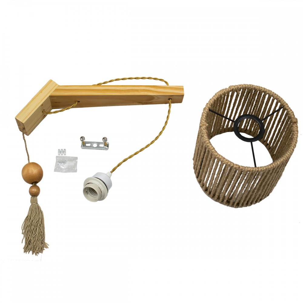 GloboStar® CASTI 00886 Vintage Φωτιστικό Τοίχου Απλίκα Μονόφωτο Μπεζ Ξύλινο με Σχοινί και Καπέλο Φ19 x Μ19 x Π35 x Υ30-85cm