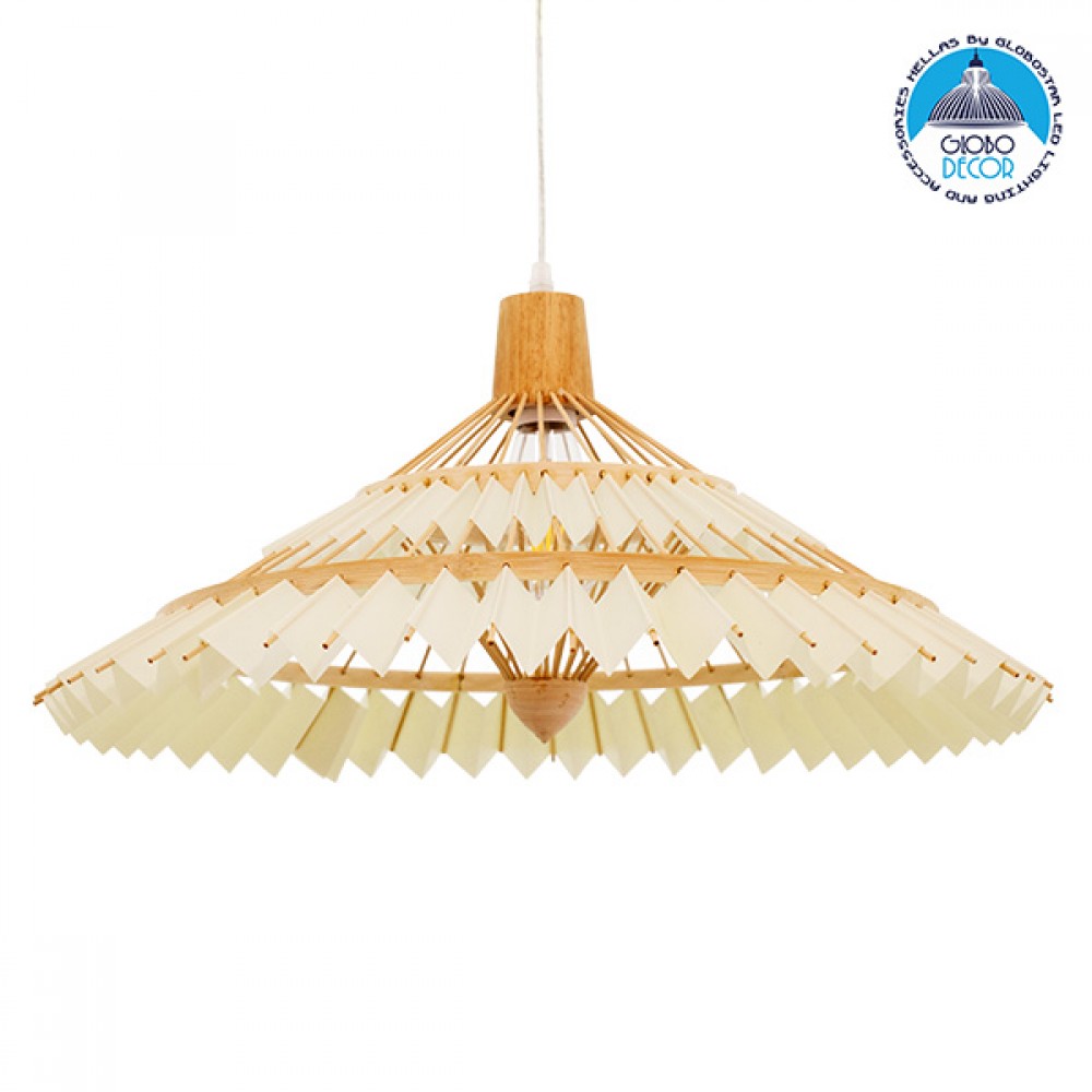 GloboStar® VENTALIA 00896 Boho Κρεμαστό Φωτιστικό Καμπάνα Μονόφωτο 1 x E27 IP20 Μπεζ Ξύλο - Μ60 x Π60 x Υ30cm
