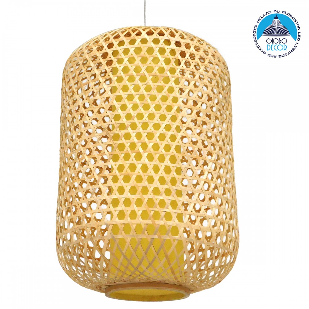 GloboStar® MAURITIUS 00901 Boho Κρεμαστό Φωτιστικό Ανάρτηση Μονόφωτο 1 x E27 IP20 Μπεζ Ξύλο - Μ40 x Π40 x Υ60cm