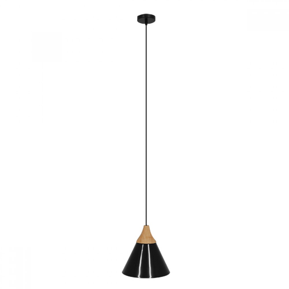 GloboStar® SHADE 00906 Μοντέρνο Κρεμαστό Φωτιστικό Καμπάνα Μονόφωτο 1 x E27 IP20 Μαύρο Μέταλλο με Μπεζ Ξύλο - Μ23 x Π23 x Υ22cm