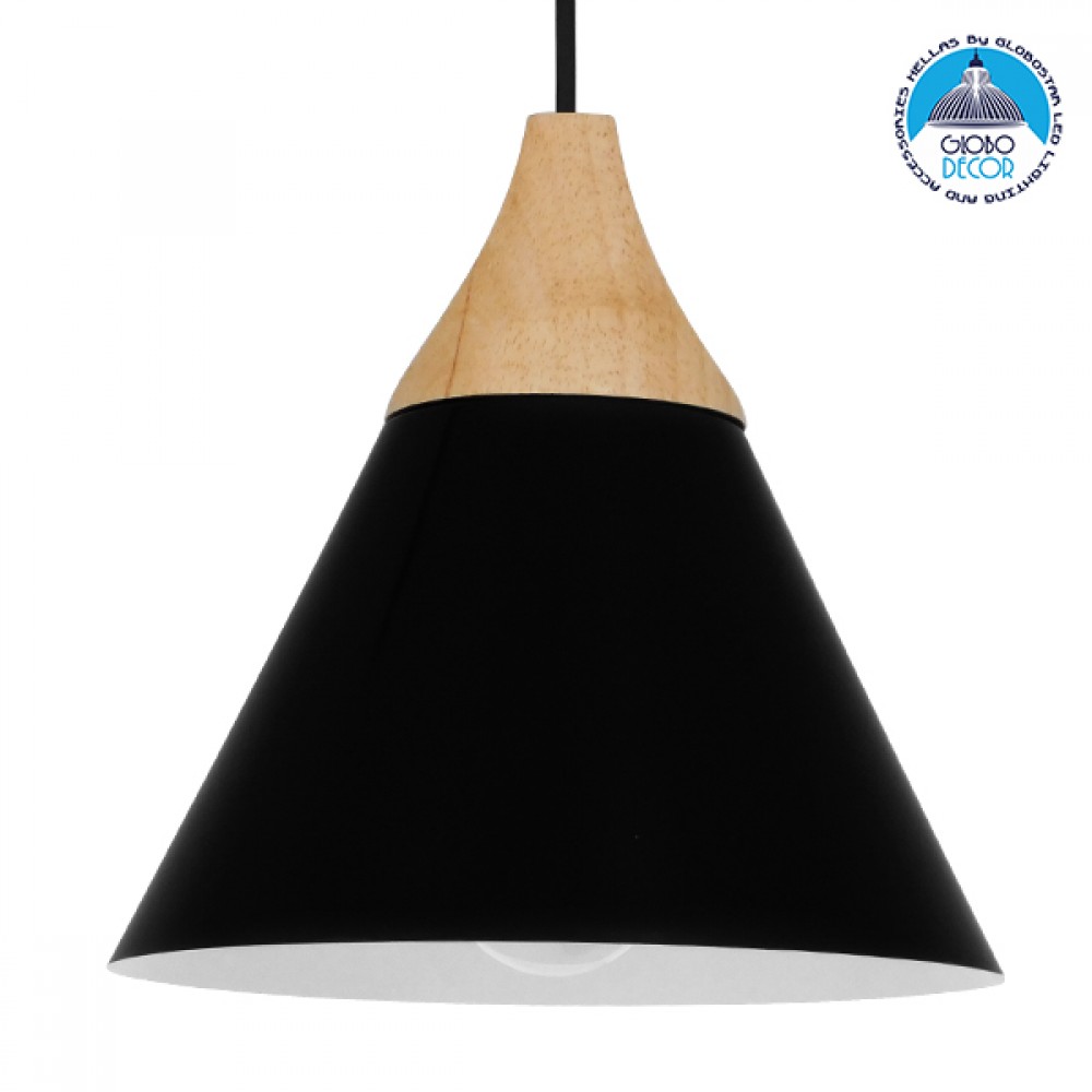 GloboStar® SHADE 00906 Μοντέρνο Κρεμαστό Φωτιστικό Καμπάνα Μονόφωτο 1 x E27 IP20 Μαύρο Μέταλλο με Μπεζ Ξύλο - Μ23 x Π23 x Υ22cm
