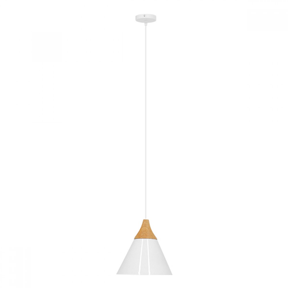 GloboStar® SHADE 00907 Μοντέρνο Κρεμαστό Φωτιστικό Καμπάνα Μονόφωτο 1 x E27 IP20 Λευκό Μέταλλο με Μπεζ Ξύλο - Μ23 x Π23 x Υ22cm