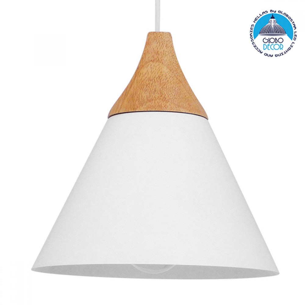 GloboStar® SHADE 00907 Μοντέρνο Κρεμαστό Φωτιστικό Καμπάνα Μονόφωτο 1 x E27 IP20 Λευκό Μέταλλο με Μπεζ Ξύλο - Μ23 x Π23 x Υ22cm