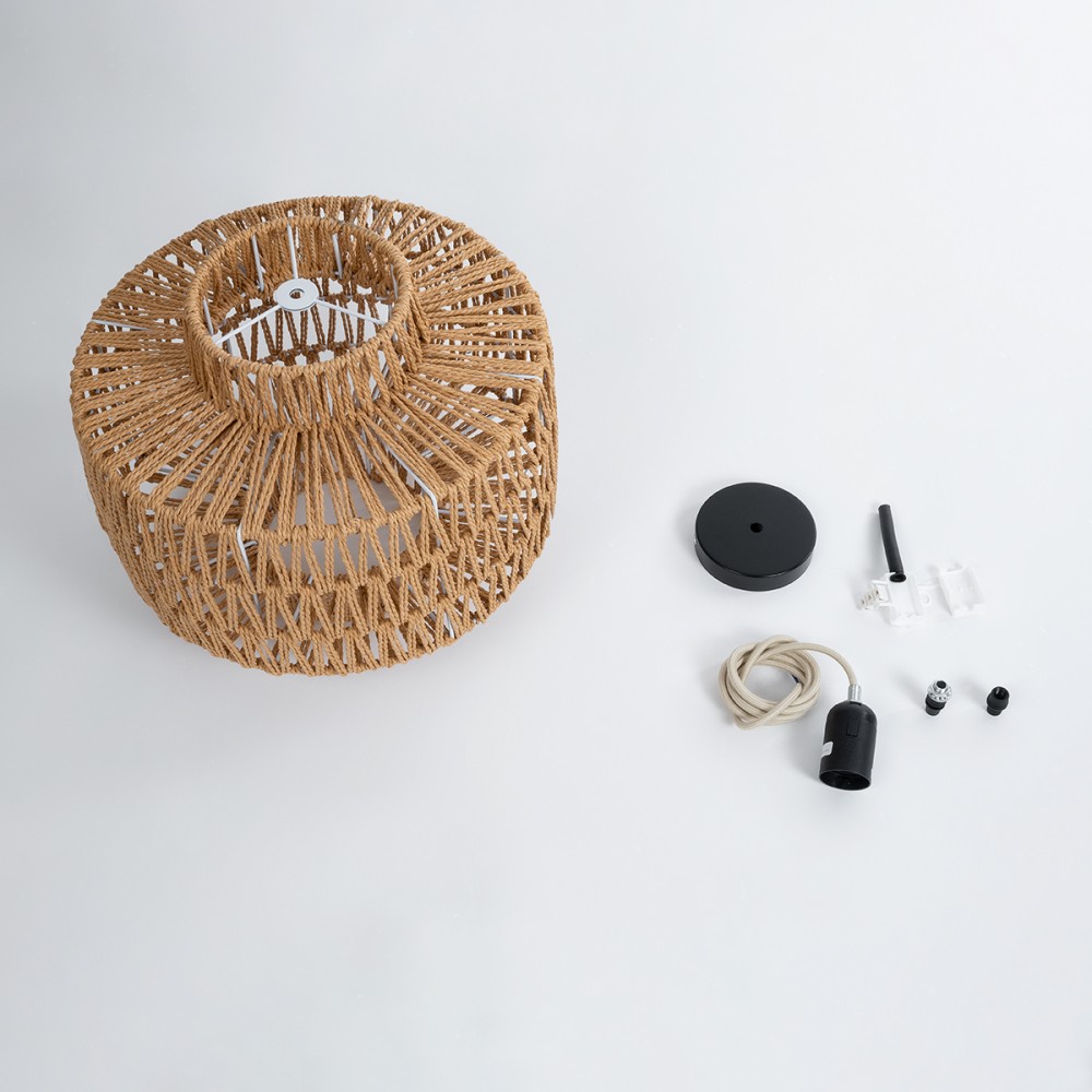 GloboStar® JENSON 00909 Boho Κρεμαστό Φωτιστικό Οροφής Μονόφωτο 1 x E27 AC220-240V IP20 - Φ33 x Y28cm - Μπεζ Σχοινί Πλέγμα - 5 Χρόνια Εγγύηση