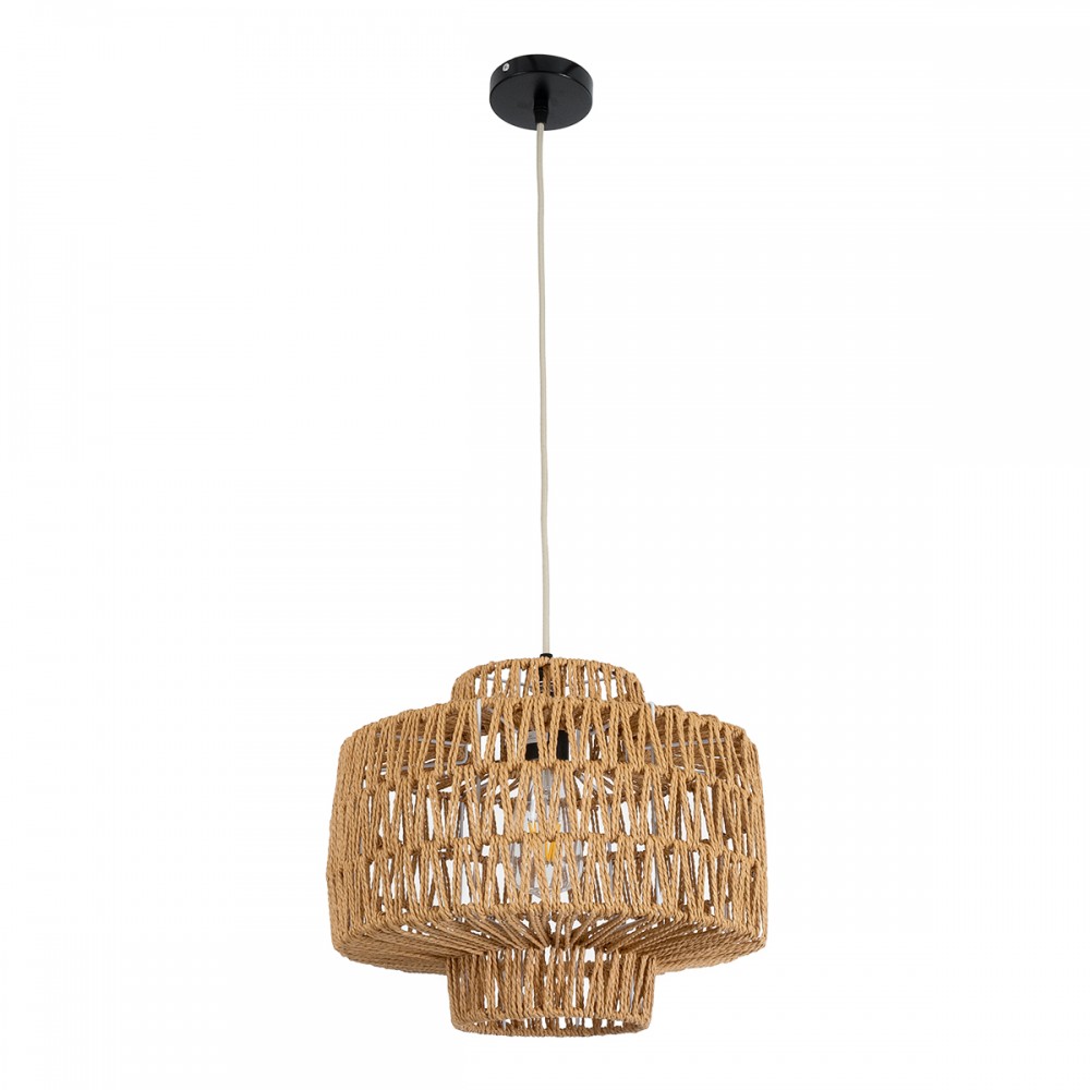 GloboStar® JENSON 00909 Boho Κρεμαστό Φωτιστικό Οροφής Μονόφωτο 1 x E27 AC220-240V IP20 - Φ33 x Y28cm - Μπεζ Σχοινί Πλέγμα - 5 Χρόνια Εγγύηση