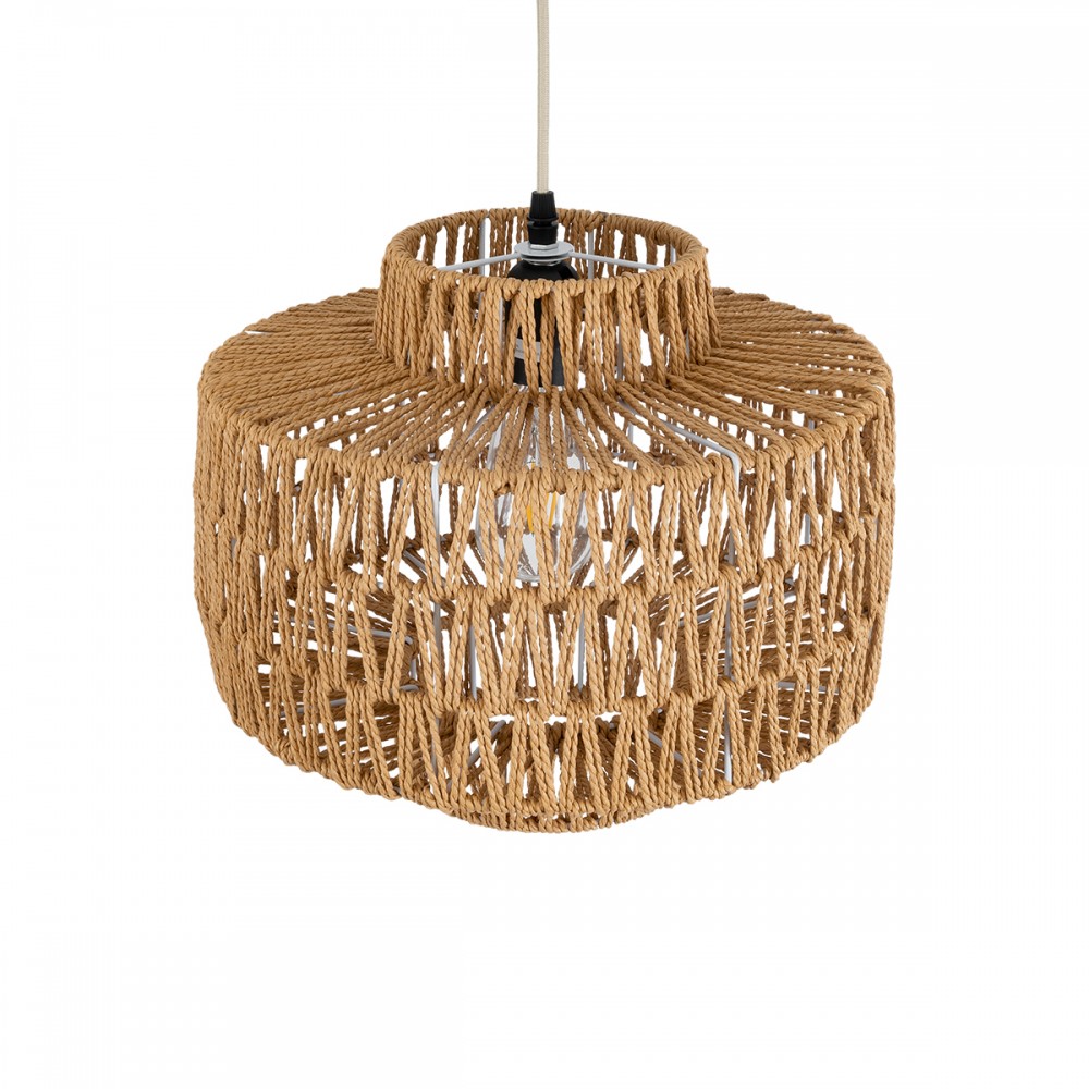 GloboStar® JENSON 00909 Boho Κρεμαστό Φωτιστικό Οροφής Μονόφωτο 1 x E27 AC220-240V IP20 - Φ33 x Y28cm - Μπεζ Σχοινί Πλέγμα - 5 Χρόνια Εγγύηση