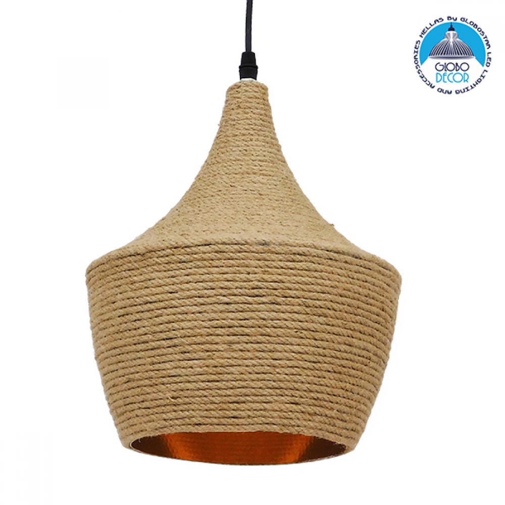 GloboStar® SHANGHAI ROPE 00916 Boho Κρεμαστό Φωτιστικό Καμπάνα Μονόφωτο 1 x E27 IP20 Μπεζ Σχοινί - Μ24 x Π24 x Υ30cm