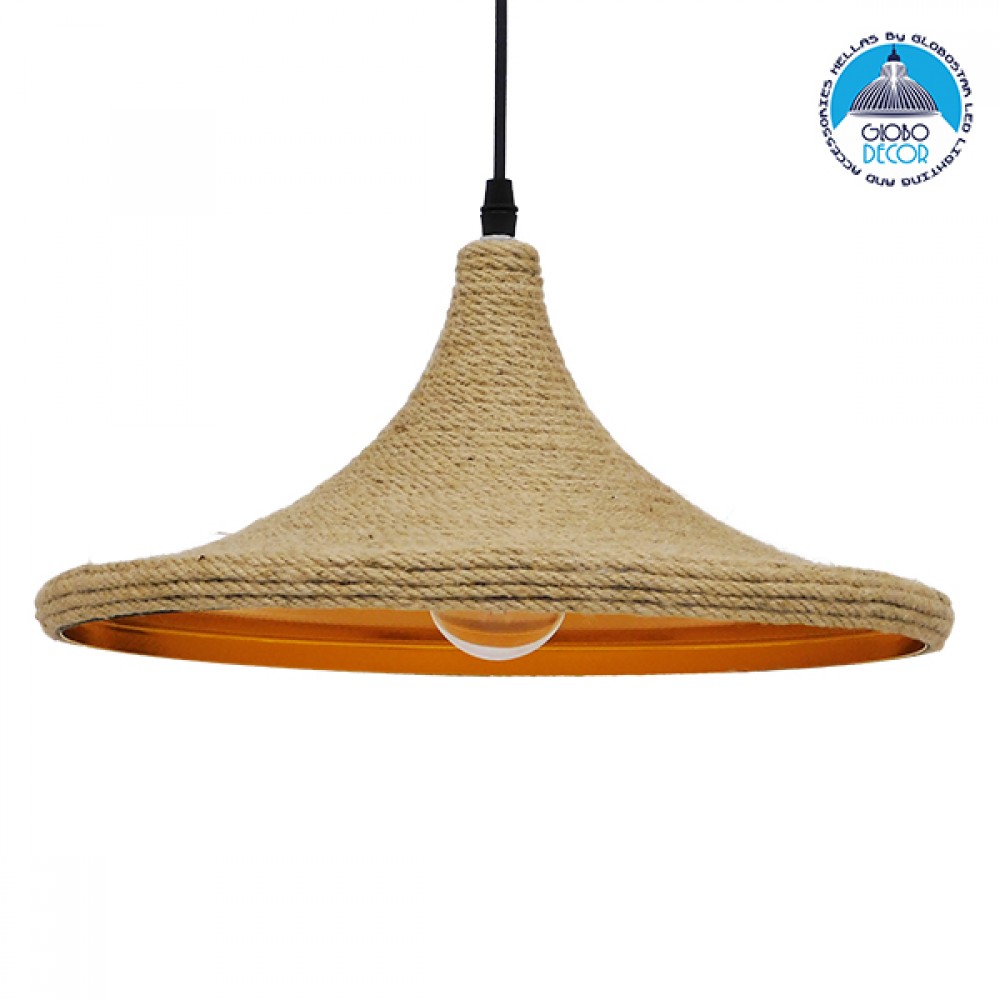 GloboStar® SHANGHAI ROPE 00917 Boho Κρεμαστό Φωτιστικό Καμπάνα Μονόφωτο 1 x E27 IP20 Μπεζ Σχοινί - Μ37 x Π37 x Υ20cm