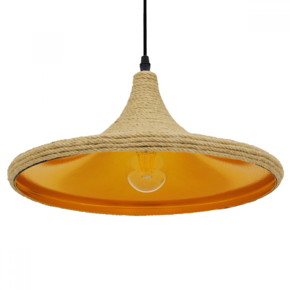 GloboStar® SHANGHAI ROPE 00917 Μοντέρνο Κρεμαστό Φωτιστικό Οροφής Μονόφωτο 1 x E27 με Μπεζ Σχοινί Καμπάνα Φ37 x Υ20cm