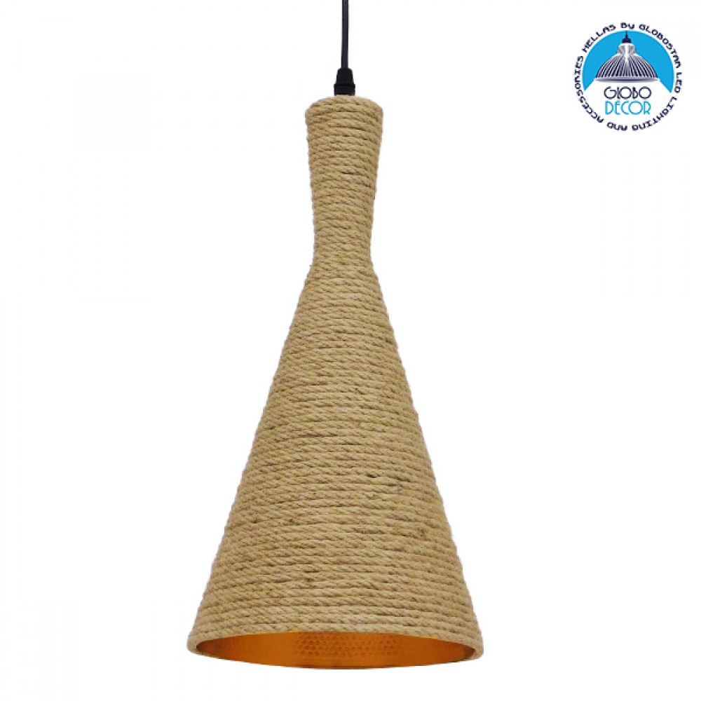GloboStar® SHANGHAI ROPE 00918 Boho Κρεμαστό Φωτιστικό Καμπάνα Μονόφωτο 1 x E27 IP20 Μπεζ Σχοινί - Μ20 x Π20 x Υ39cm
