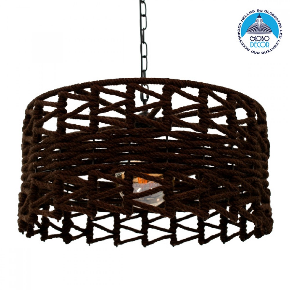 GloboStar® VERA 00920 Boho Κρεμαστό Φωτιστικό Πλέγμα Μονόφωτο 1 x E27 IP20 Καφέ Σχοινί - Μ50 x Π50 x Υ30cm