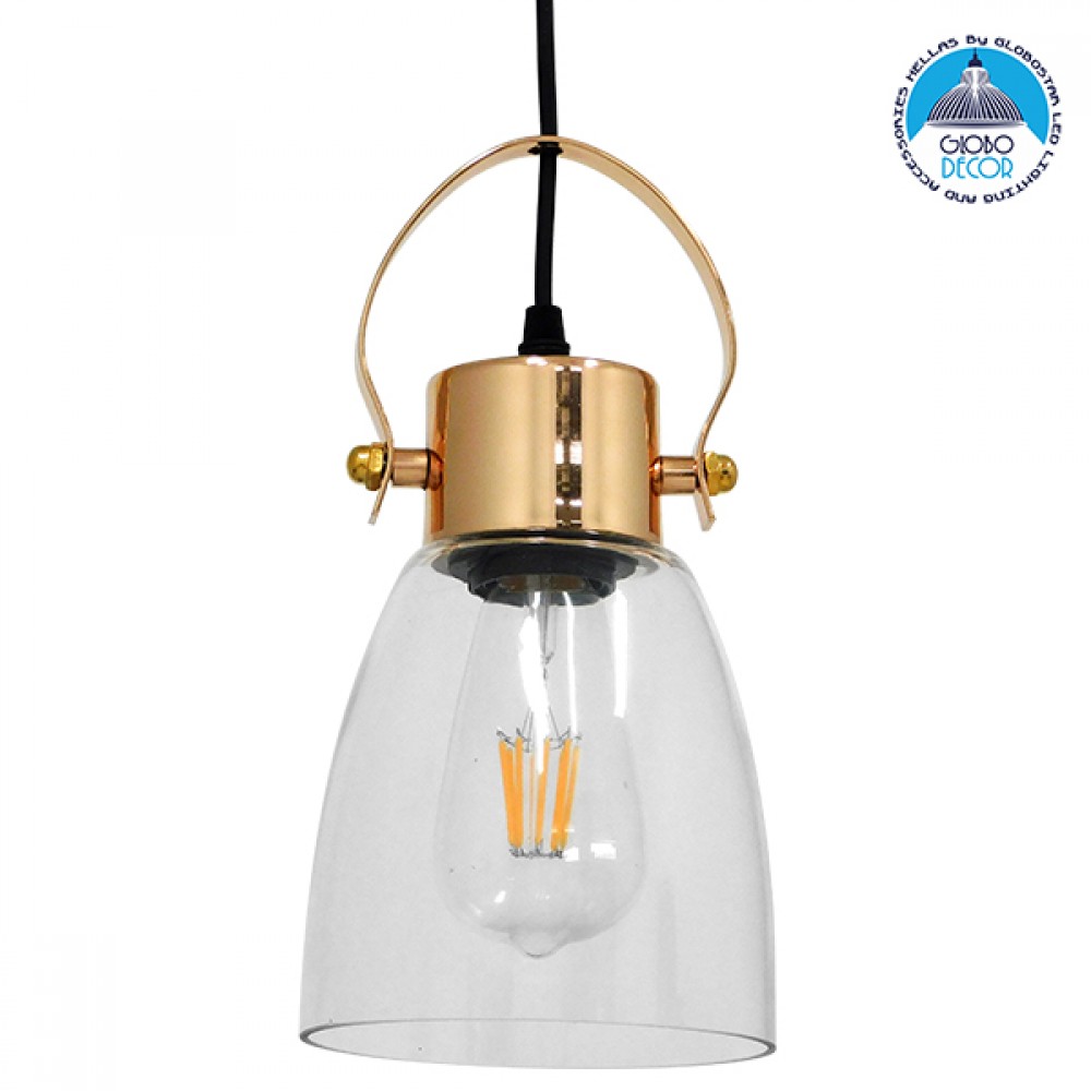 GloboStar® JAVER 00934 Vintage Κρεμαστό Φωτιστικό Καμπάνα Μονόφωτο 1 x E27 IP20 Διάφανο Γυαλί με Χάλκινο Μέταλλο - Μ14.5 x Π14.5 x Υ28cm