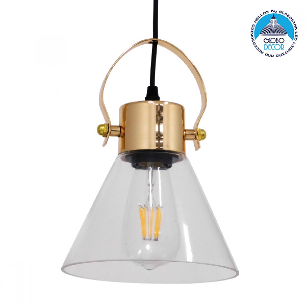 GloboStar® JAVER 00935 Vintage Κρεμαστό Φωτιστικό Καμπάνα Μονόφωτο 1 x E27 IP20 Διάφανο Γυαλί με Χάλκινο Μέταλλο - Μ19 x Π19 x Υ25cm