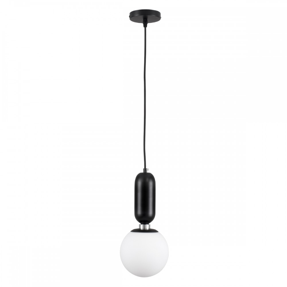 GloboStar® MAVERICK 00945 Μοντέρνο Κρεμαστό Φωτιστικό Οροφής Μονόφωτο 1 x E27 Μαύρο Μεταλλικό Γυάλινο Μπάλα Φ15 x Υ33cm