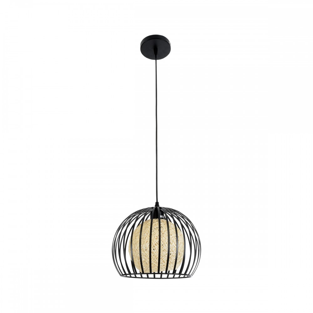 GloboStar® CARTER 00960 Μοντέρνο Industrial Κρεμαστό Φωτιστικό Οροφής Μονόφωτο 1 x E27 Μαύρο με Εκρού Μεταλλικό Πλέγμα Φ28 x Υ23cm