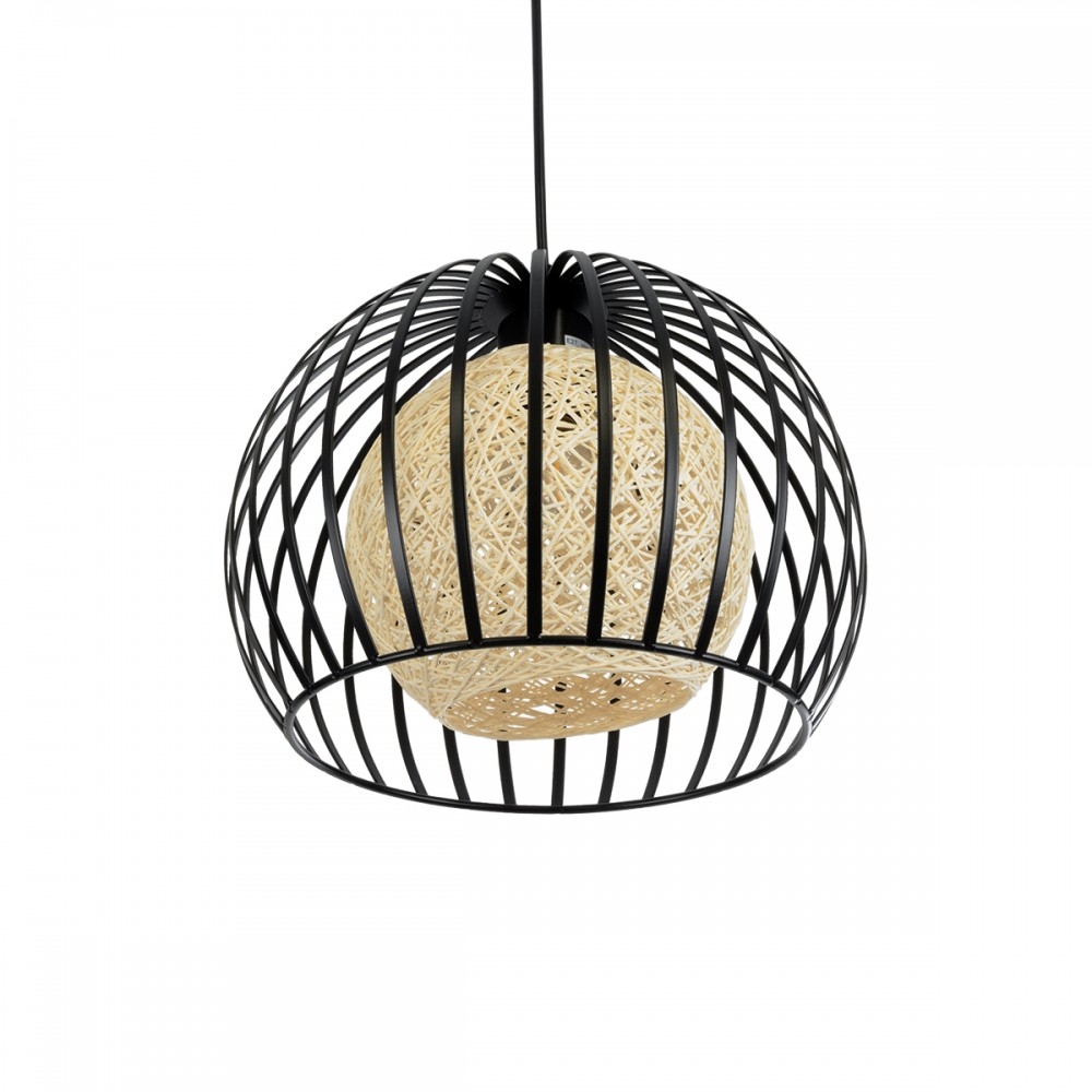 GloboStar® CARTER 00960 Μοντέρνο Industrial Κρεμαστό Φωτιστικό Οροφής Μονόφωτο 1 x E27 Μαύρο με Εκρού Μεταλλικό Πλέγμα Φ28 x Υ23cm