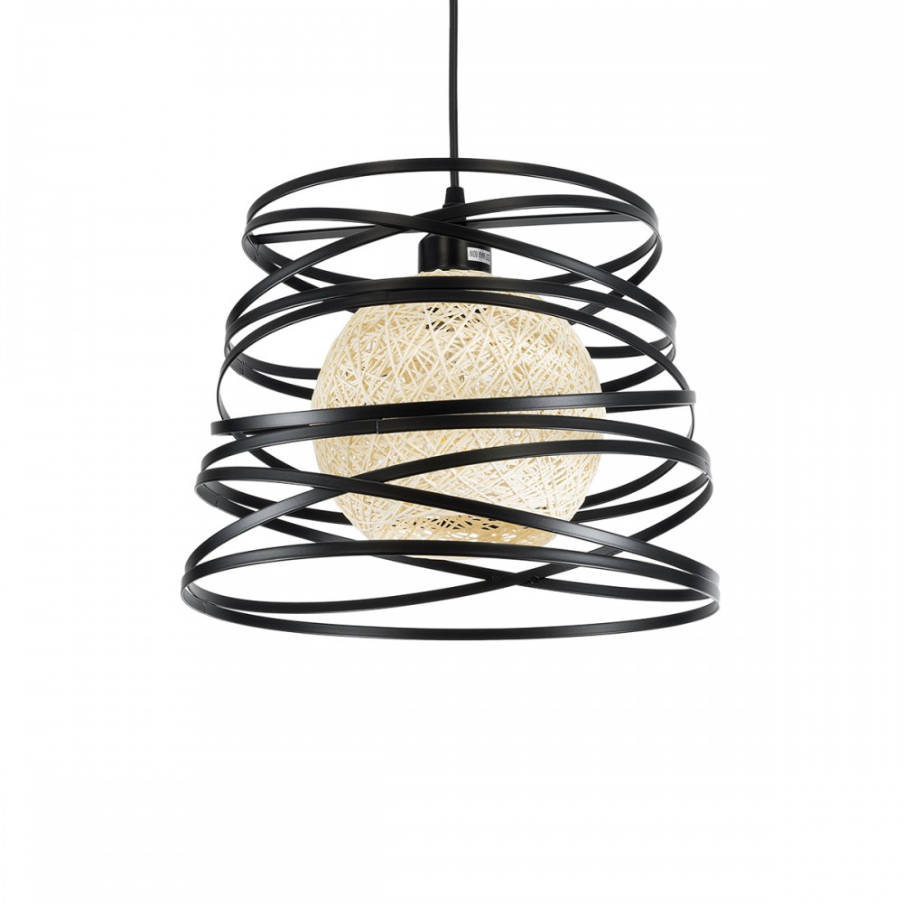 GloboStar® CARTER 00961 Μοντέρνο Κρεμαστό Φωτιστικό Πλέγμα Μονόφωτο 1 x E27 IP20 Μαύρο Μέταλλο με Μπεζ Σχοινί - Μ32 x Π32 x Υ25cm