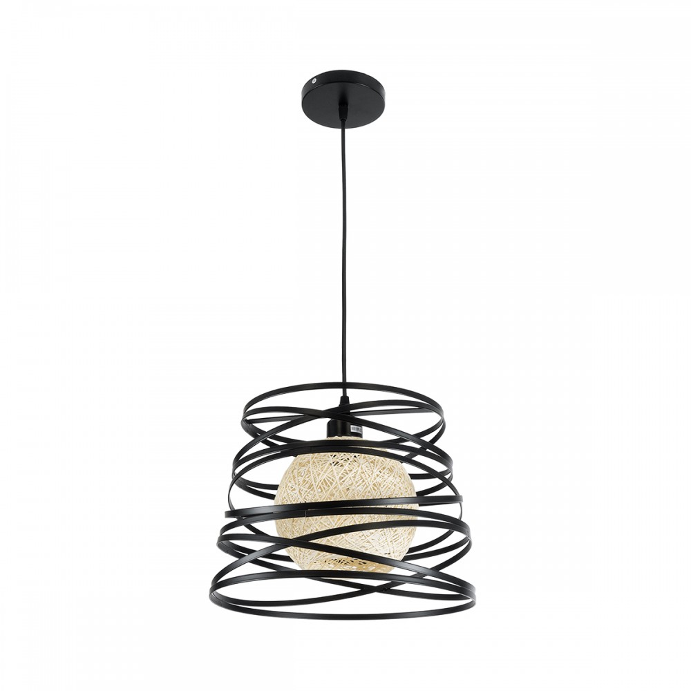 GloboStar® CARTER 00961 Μοντέρνο Industrial Κρεμαστό Φωτιστικό Οροφής Μονόφωτο 1 x E27 AC220-240V IP20 - Φ32 x Υ25cm - Μαύρο Μεταλλικό και Εκρού Μπάλα Πλέγμα - 5 Χρόνια Εγγύηση