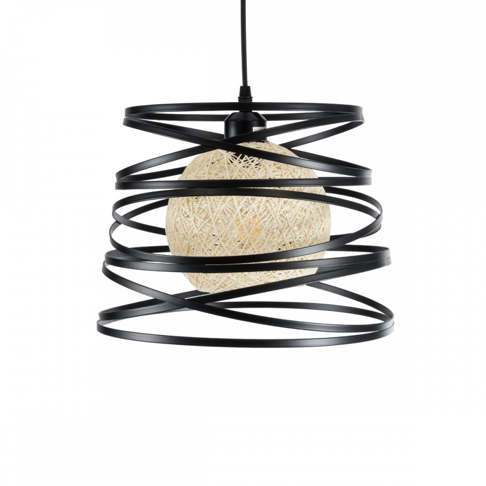 GloboStar® CARTER 00961 Μοντέρνο Industrial Κρεμαστό Φωτιστικό Οροφής Μονόφωτο 1 x E27 AC220-240V IP20 - Φ32 x Υ25cm - Μαύρο Μεταλλικό και Εκρού Μπάλα Πλέγμα - 5 Χρόνια Εγγύηση