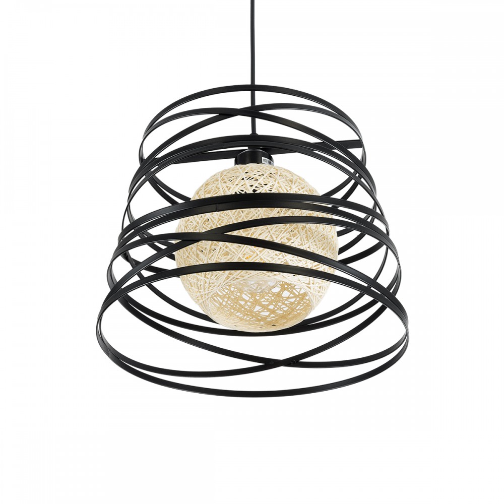 GloboStar® CARTER 00961 Μοντέρνο Industrial Κρεμαστό Φωτιστικό Οροφής Μονόφωτο 1 x E27 AC220-240V IP20 - Φ32 x Υ25cm - Μαύρο Μεταλλικό και Εκρού Μπάλα Πλέγμα - 5 Χρόνια Εγγύηση