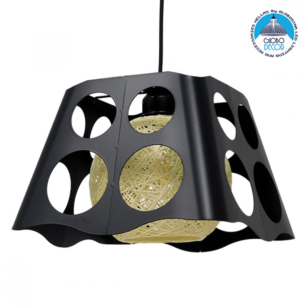 GloboStar® CARTER 00962 Μοντέρνο Κρεμαστό Φωτιστικό Πλέγμα Μονόφωτο 1 x E27 IP20 Μαύρο Μέταλλο με Μπεζ Σχοινί - Μ28 x Π28 x Υ22cm