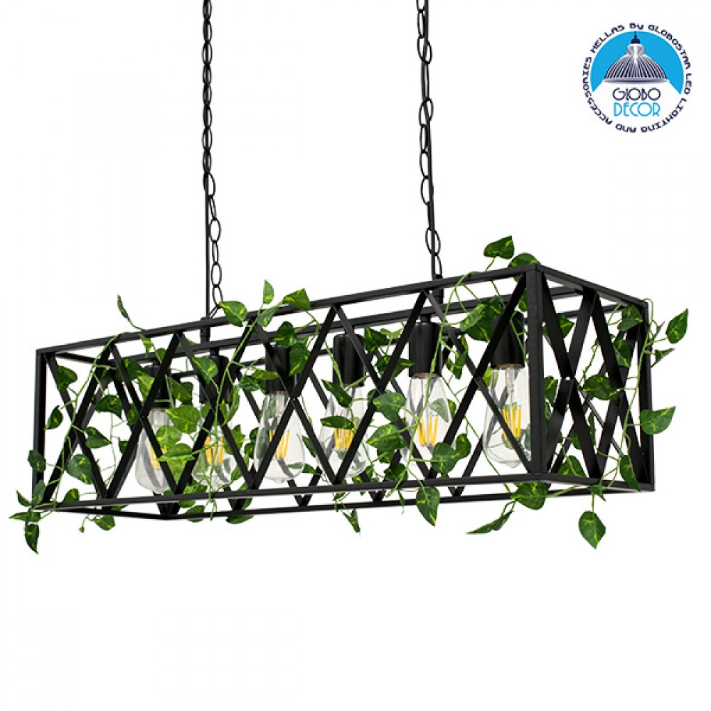 GLOBOSTAR® CLARITY 00964 Vintage Κρεμαστό Φωτιστικό Οροφής με Ντουί 6 x E27 AC 220-240V IP20 - Μαύρο & Πράσινο - Μ78 x Π25 x Υ22cm