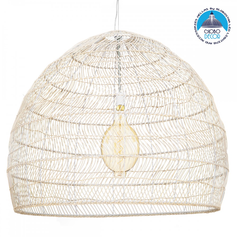 GloboStar® MALIBU 00965 Boho Κρεμαστό Φωτιστικό Πλέγμα Μονόφωτο 1 x E27 IP20 Μπεζ Ξύλο - Μ100 x Π100 x Y86cm