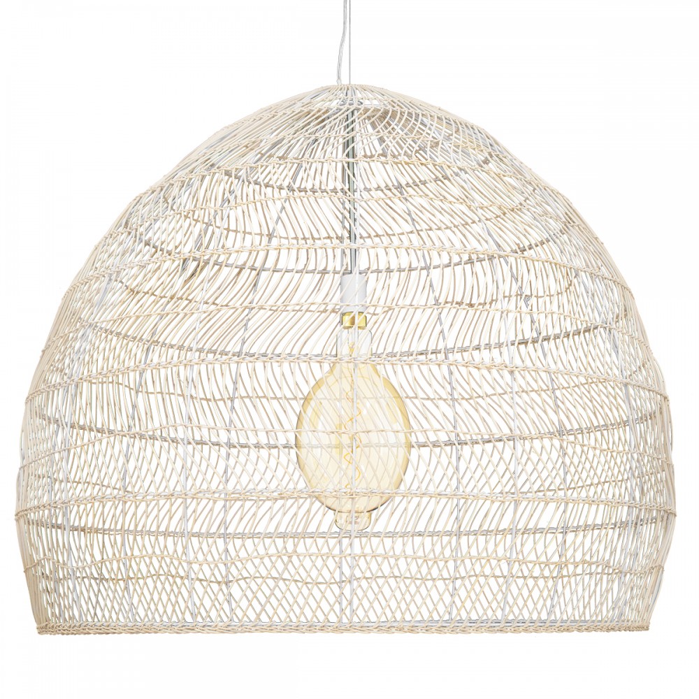 GloboStar® MALIBU 00965 Vintage Κρεμαστό Φωτιστικό Οροφής Μονόφωτο 1 x E27 Λευκό Ξύλινο Μπαμπού Φ100 x Y86cm