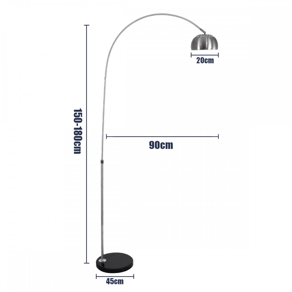 GloboStar® PRAGUE 00989 Μοντέρνο Φωτιστικό Δαπέδου Μονόφωτο 1 x E27 Ασημί Μεταλλικό Καμπάνα & Μαύρη Μαρμάρινη Βάση L90 x W29.5 x H180cm