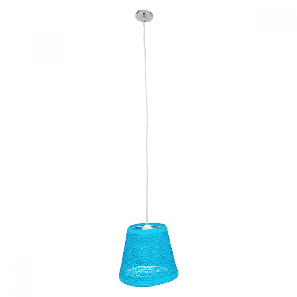 GloboStar® PLAYROOM 00995 Vintage Κρεμαστό Φωτιστικό Καμπάνα Μονόφωτο 1 x E27 IP20 Μπλε Rattan - Μ32 x Π32 x Υ27cm