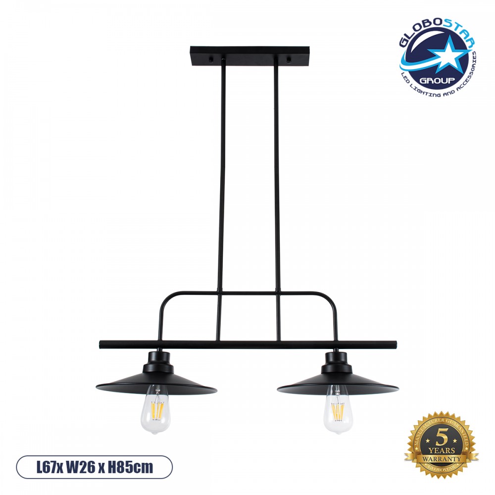 GLOBOSTAR® REGAL 01007 Vintage Φωτιστικό Οροφής με Ντουί 2 x E27 AC 220-240V IP20 - Μαύρο - Μ67 x Π26 x Υ85cm