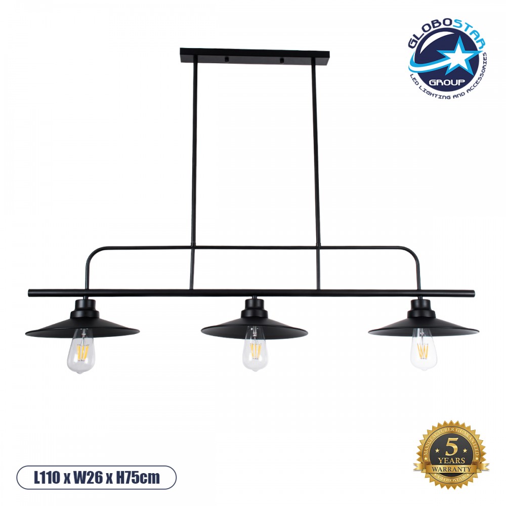 GLOBOSTAR® REGAL 01009 Vintage Φωτιστικό Οροφής με Ντουί 3 x E27 AC 220-240V IP20 - Μαύρο - Μ110 x Π26 x Υ75cm