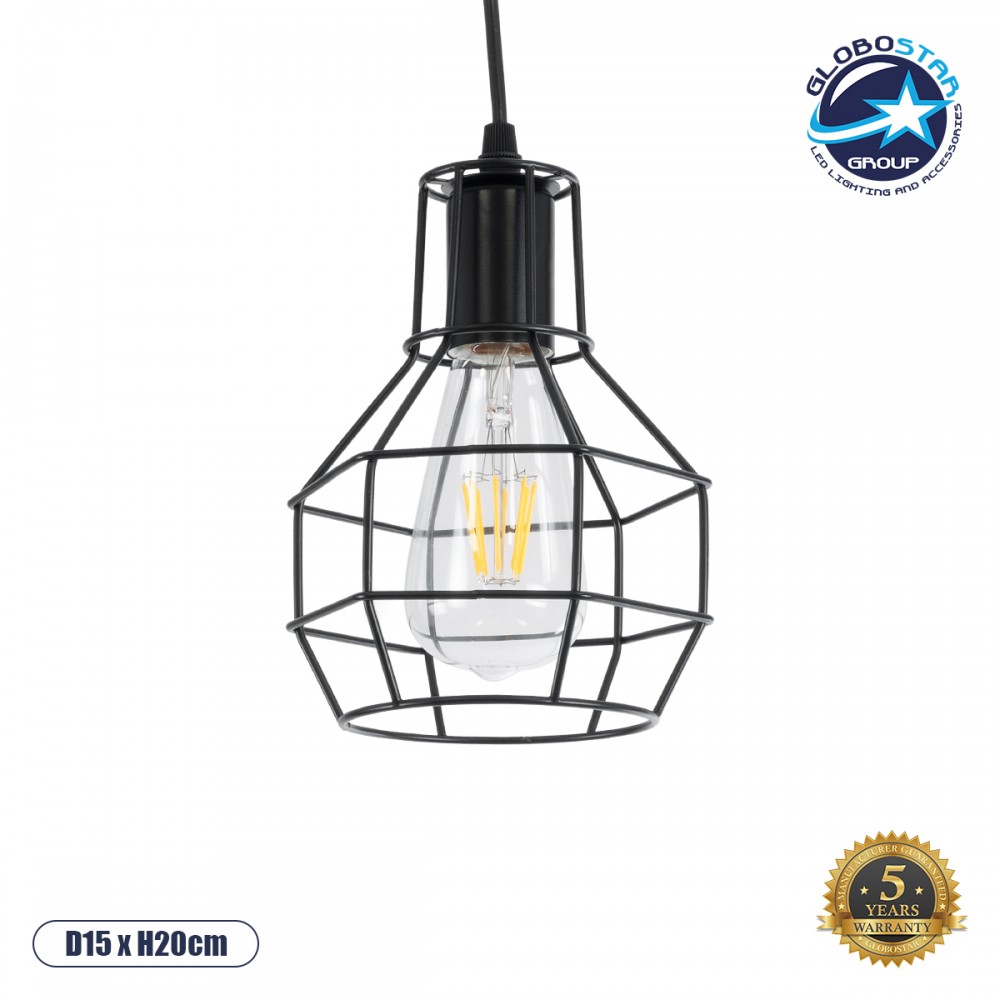 GLOBOSTAR® CAGE 01017 Vintage Κρεμαστό Φωτιστικό Οροφής με Ντουί 3 x E27 AC 220-240V IP20 - Μαύρο - Μ15 x Π15 x Υ20cm