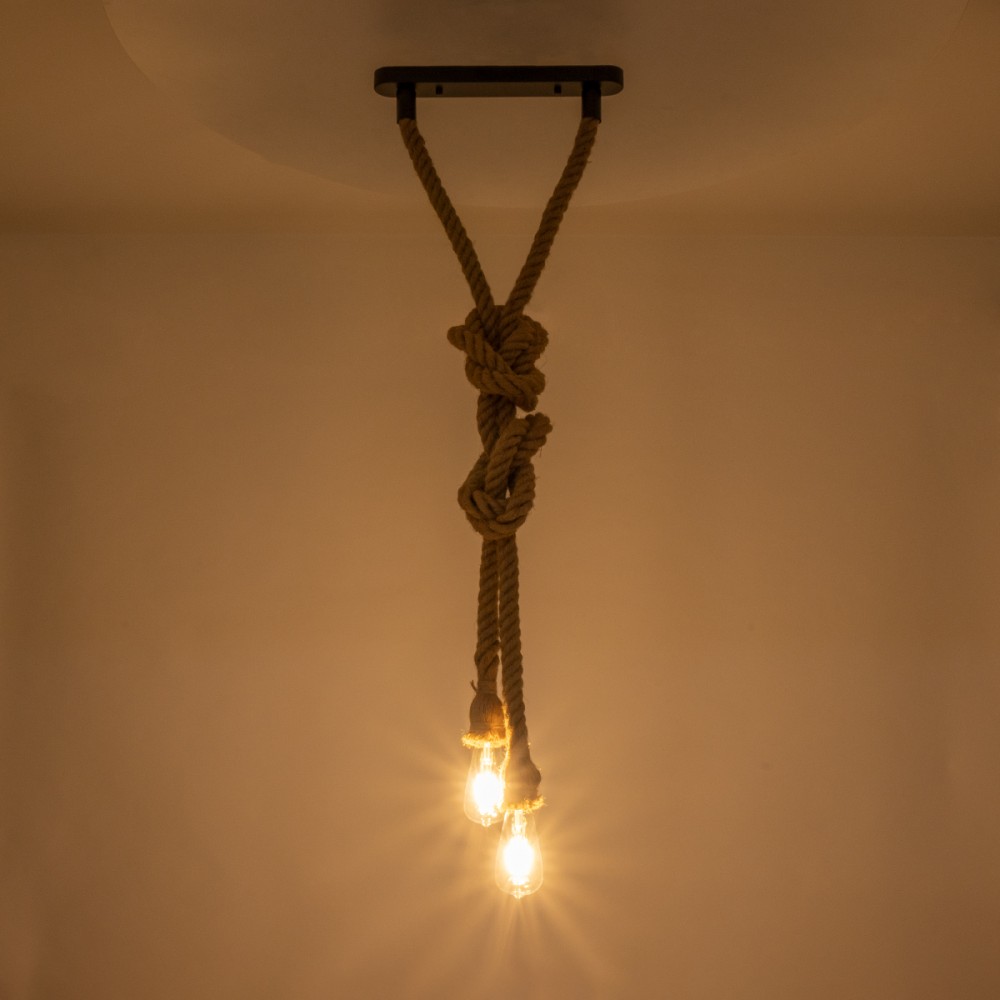 GloboStar® ROPE 01019 Vintage Industrial Κρεμαστό Φωτιστικό Οροφής Δίφωτο 2 x E27 AC220-240V IP20 - Μ38 x Π35.5 x Υ200cm - Μπεζ με 2 Μέτρα Σχοινί Τριχιά - 5 Χρόνια Εγγυηση