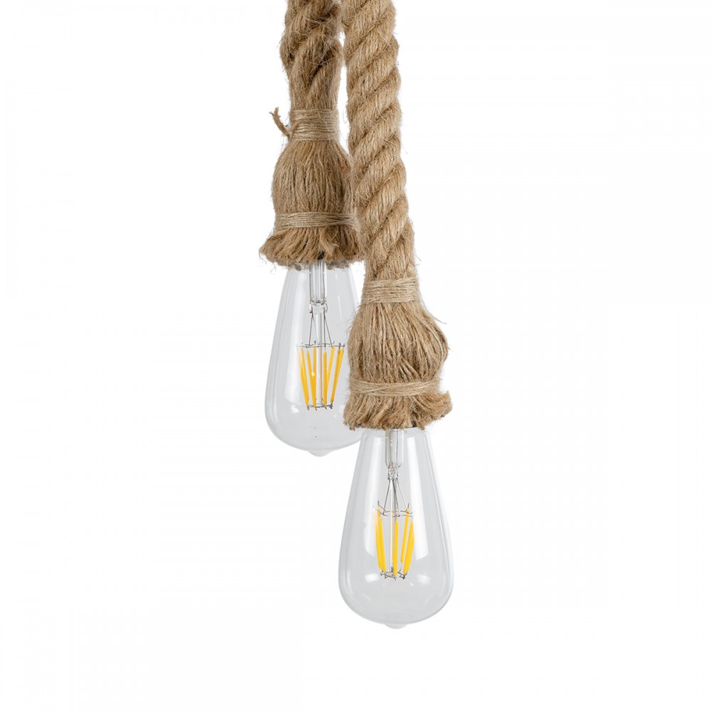 GloboStar® ROPE 01019 Vintage Industrial Κρεμαστό Φωτιστικό Οροφής Δίφωτο 2 x E27 AC220-240V IP20 - Μ38 x Π35.5 x Υ200cm - Μπεζ με 2 Μέτρα Σχοινί Τριχιά - 5 Χρόνια Εγγυηση
