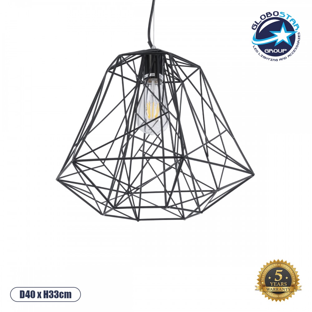 GLOBOSTAR® GRID 01022 Vintage Κρεμαστό Φωτιστικό Οροφής με Ντουί 1 x E27 AC 220-240V IP20 - Μαύρο - Μ40 x Π40 x Υ33cm