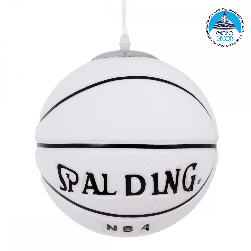 GloboStar® SPALDING NBA 01031 Παιδικό Κρεμαστό Φωτιστικό Μπάλα Μονόφωτο 1 x E27 IP20 Λευκό & Μαύρο Γυαλί - Μ25 x Π25 x Υ25cm