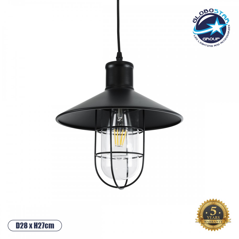 GloboStar® SKIPPER 01034 Vintage Κρεμαστό Φωτιστικό Καμπάνα Μονόφωτο 1 x E27 IP20 Μαύρο Μέταλλο - Μ28 x Π28 x Υ27cm