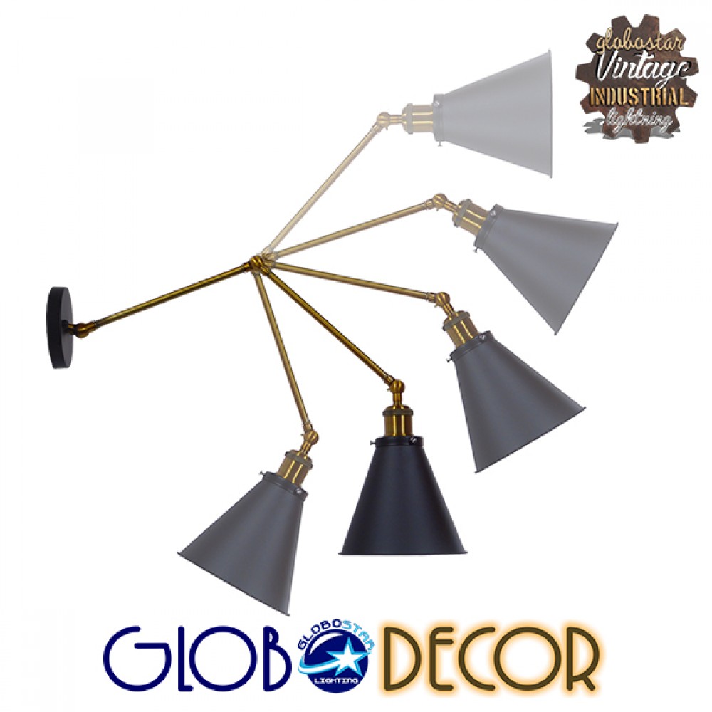 GloboStar® CRUCE 01037 Vintage Industrial Φωτιστικό Τοίχου Απλίκα Μονόφωτο με Σπαστό Μεταλλικό Βραχίονα και Μαύρη Καμπάνα Φ19 x Μ63 x Π19 x Υ77cm