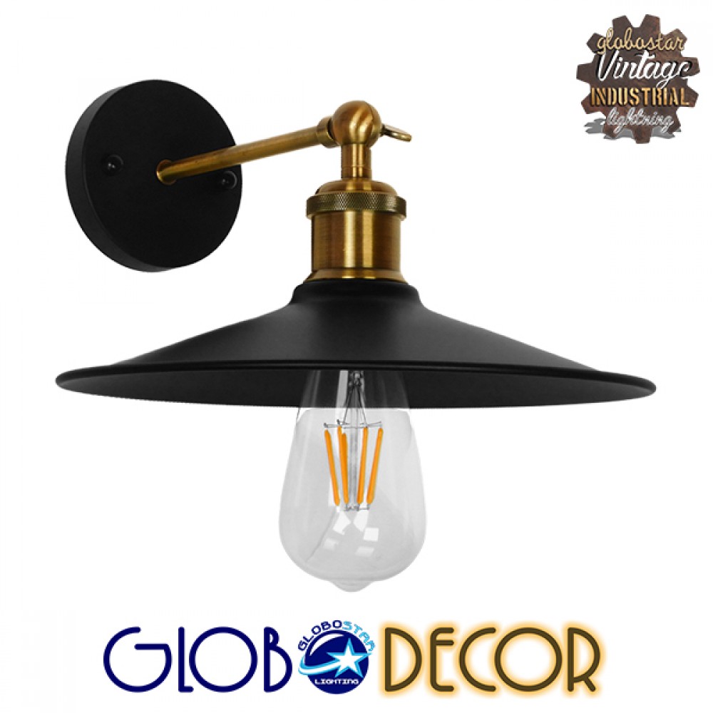 GLOBOSTAR® MINIMALL 01039 Vintage Φωτιστικό Τοίχου - Απλίκα με Ντουί 1 x E27 AC 220-240V IP20 - Μαύρο & Χρυσό - Μ22 x Π39 x Υ18cm