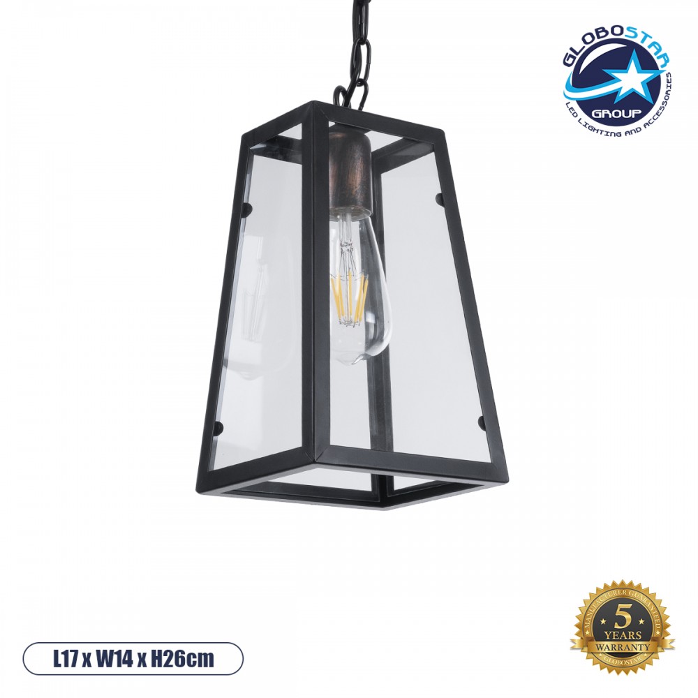 GloboStar® LIMA 01040 Vintage Κρεμαστό Φωτιστικό Ανάρτηση Μονόφωτο 1 x E27 IP20 Μαύρο Μέταλλο - Μ17 x Π14 x Υ26cm