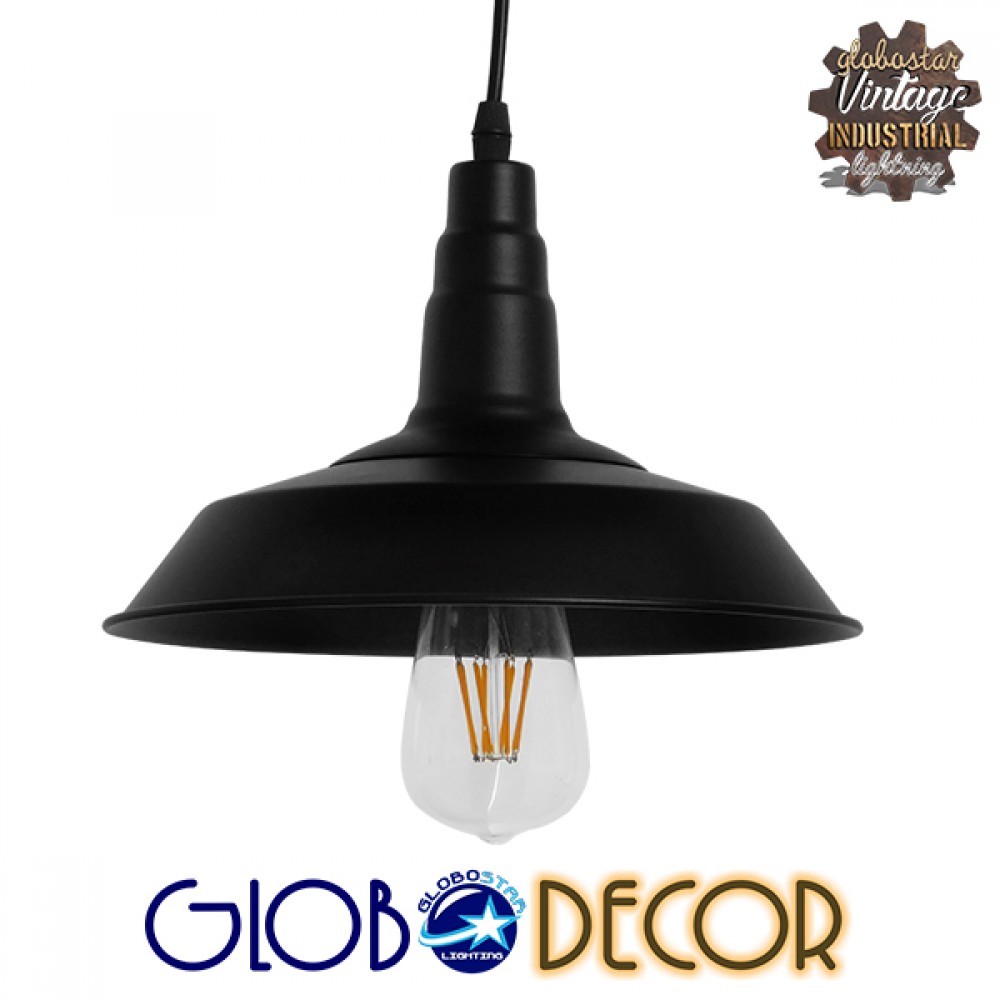 GloboStar® RAY 01050 Vintage Κρεμαστό Φωτιστικό Καμπάνα Μονόφωτο 1 x E27 IP20 Μαύρο Μέταλλο - Μ26 x Π26 x Υ25cm