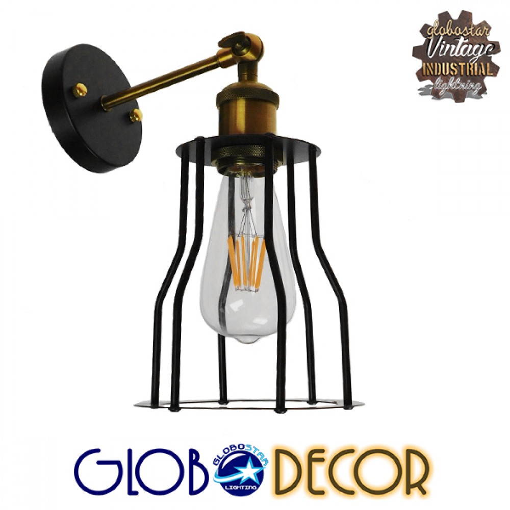 GloboStar® CATEL 01054 Vintage Επιτοίχιο Φωτιστικό Απλίκα Μονόφωτο 1 x E27 IP20 Μαύρο & Χρυσό Μέταλλο - Μ26 x Π15 x Υ30cm